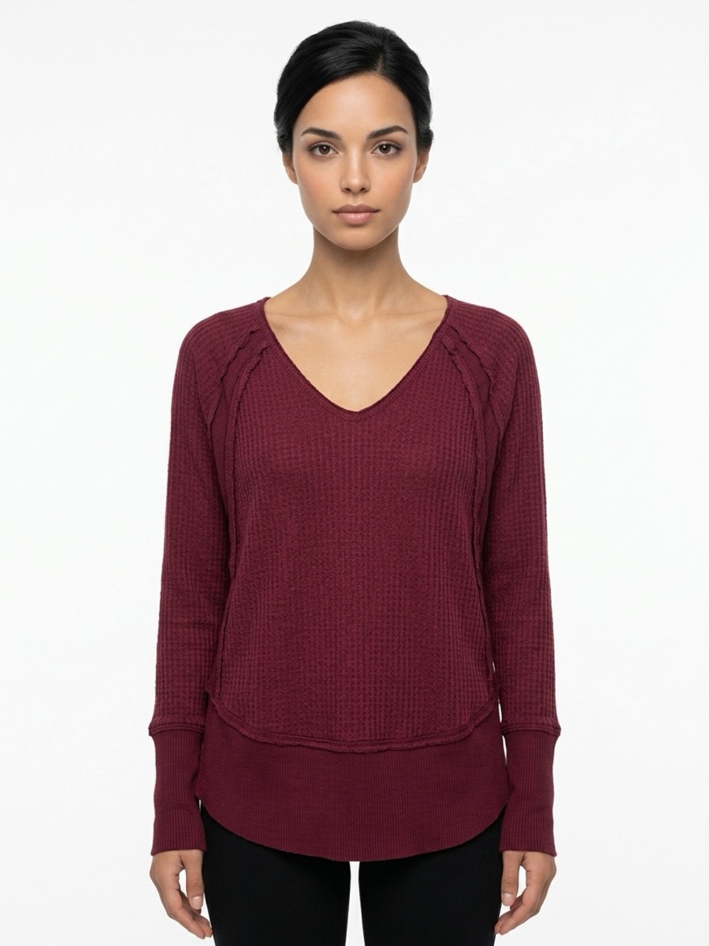FREE PEOPLE | WE THE FREE V-Neck Ribbed Knit Top in Burgundy Women’s Size Small